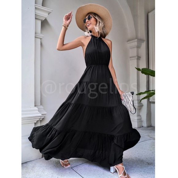 Black Maxi Dress Halter Neck Ties Backless Open Back Flared Long Ruffle Hem - Picture 6 of 8